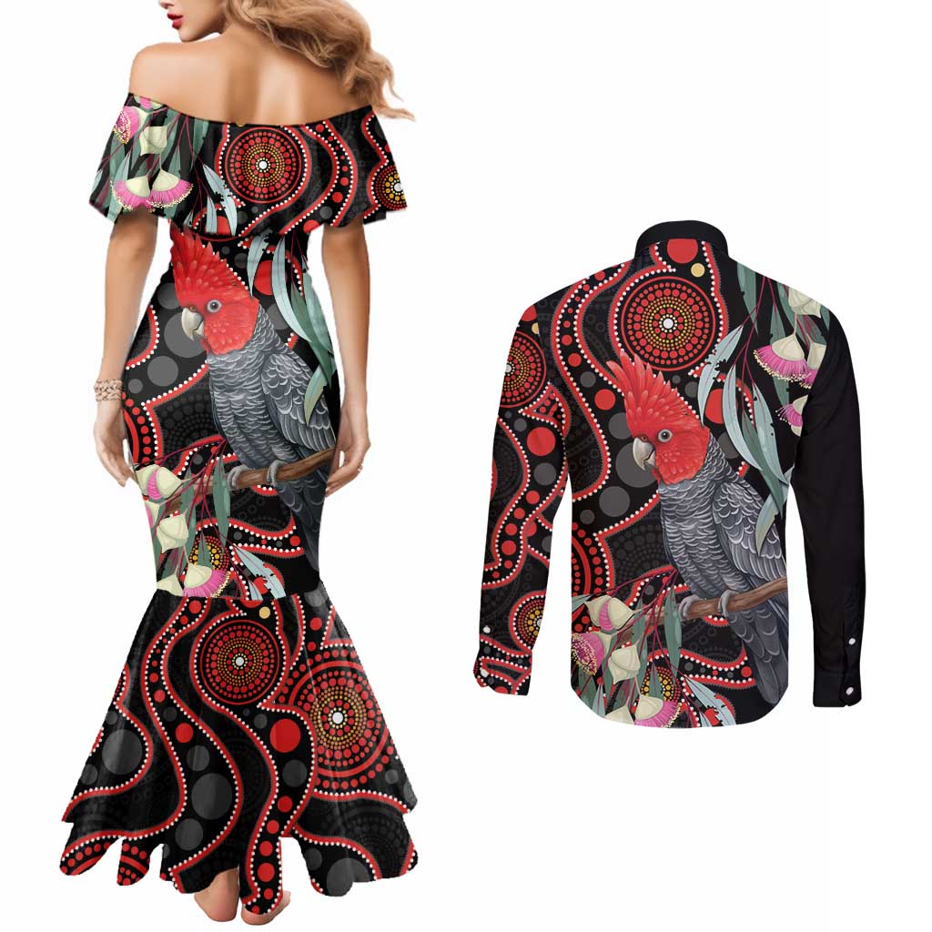 Gang-gang Cockatoo Australia Couples Matching Mermaid Dress and Long Sleeve Button Shirt Eucalyptus Blossoms Aboriginal Art - Aussie Hoodie