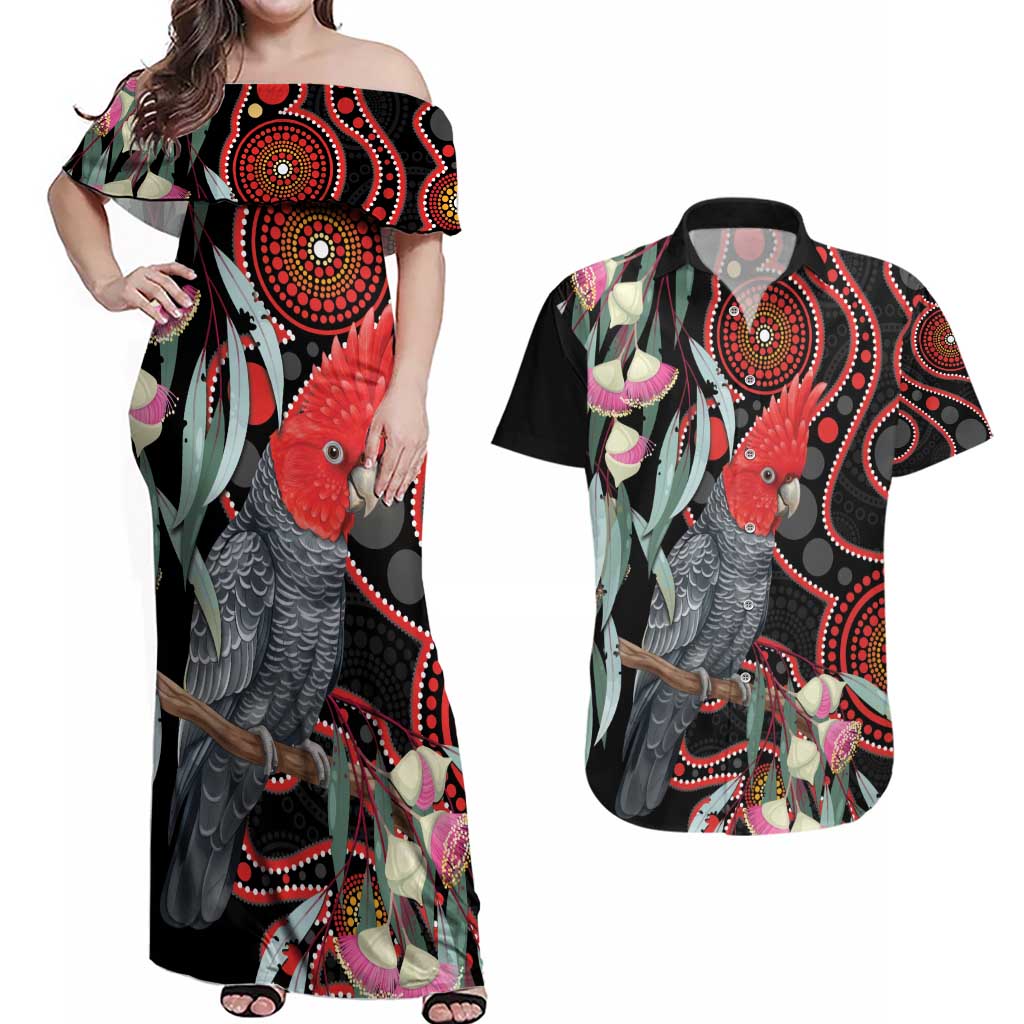 Gang-gang Cockatoo Australia Couples Matching Off Shoulder Maxi Dress and Hawaiian Shirt Eucalyptus Blossoms Aboriginal Art - Aussie Hoodie