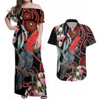 Gang-gang Cockatoo Australia Couples Matching Off Shoulder Maxi Dress and Hawaiian Shirt Eucalyptus Blossoms Aboriginal Art - Aussie Hoodie