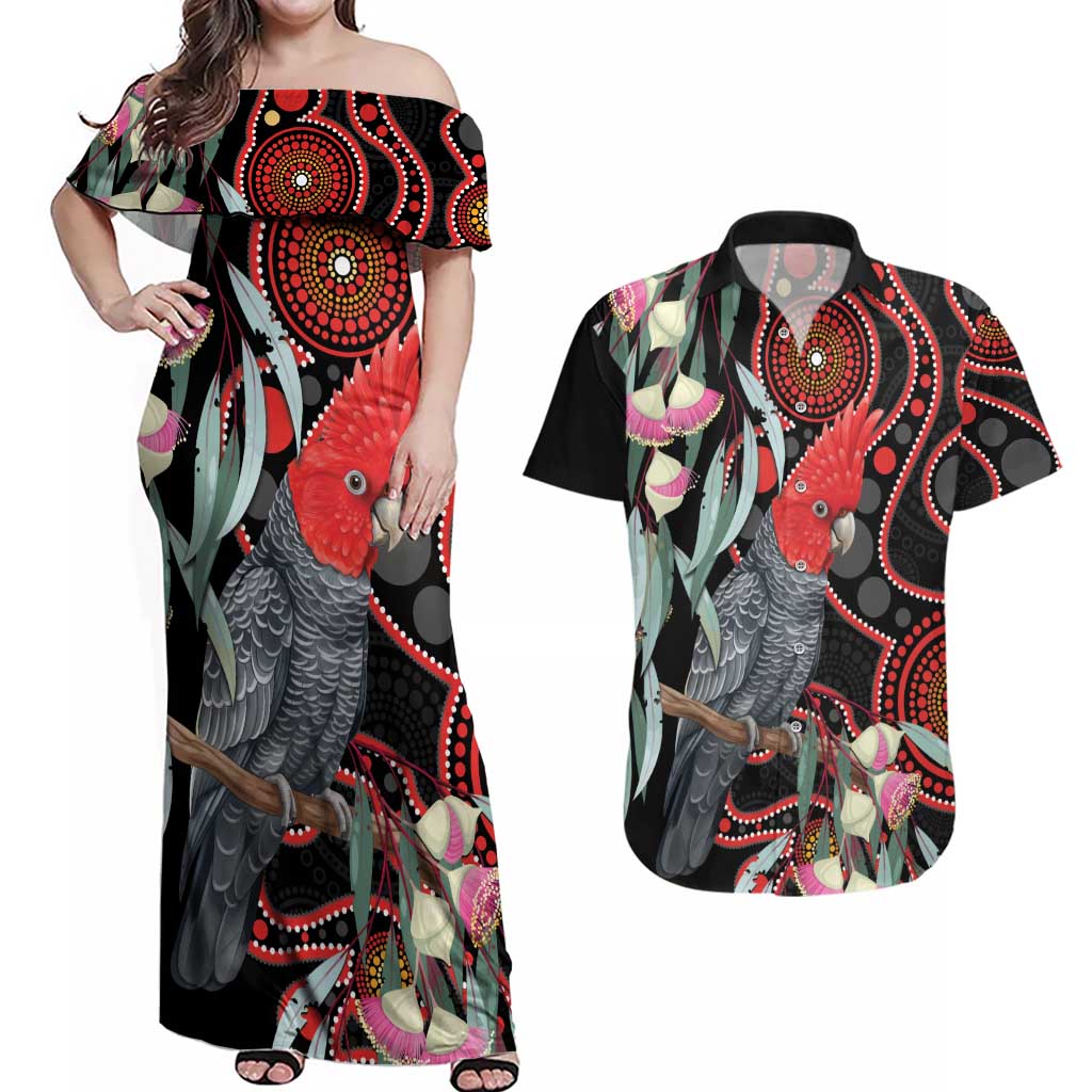 Gang-gang Cockatoo Australia Couples Matching Off Shoulder Maxi Dress and Hawaiian Shirt Eucalyptus Blossoms Aboriginal Art - Aussie Hoodie