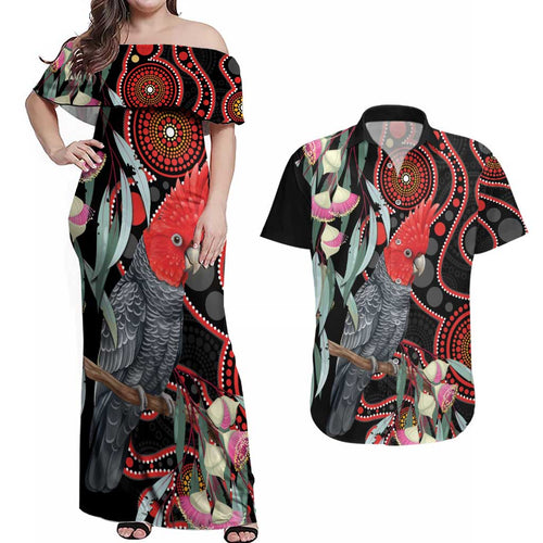 Gang-gang Cockatoo Australia Couples Matching Off Shoulder Maxi Dress and Hawaiian Shirt Eucalyptus Blossoms Aboriginal Art - Aussie Hoodie
