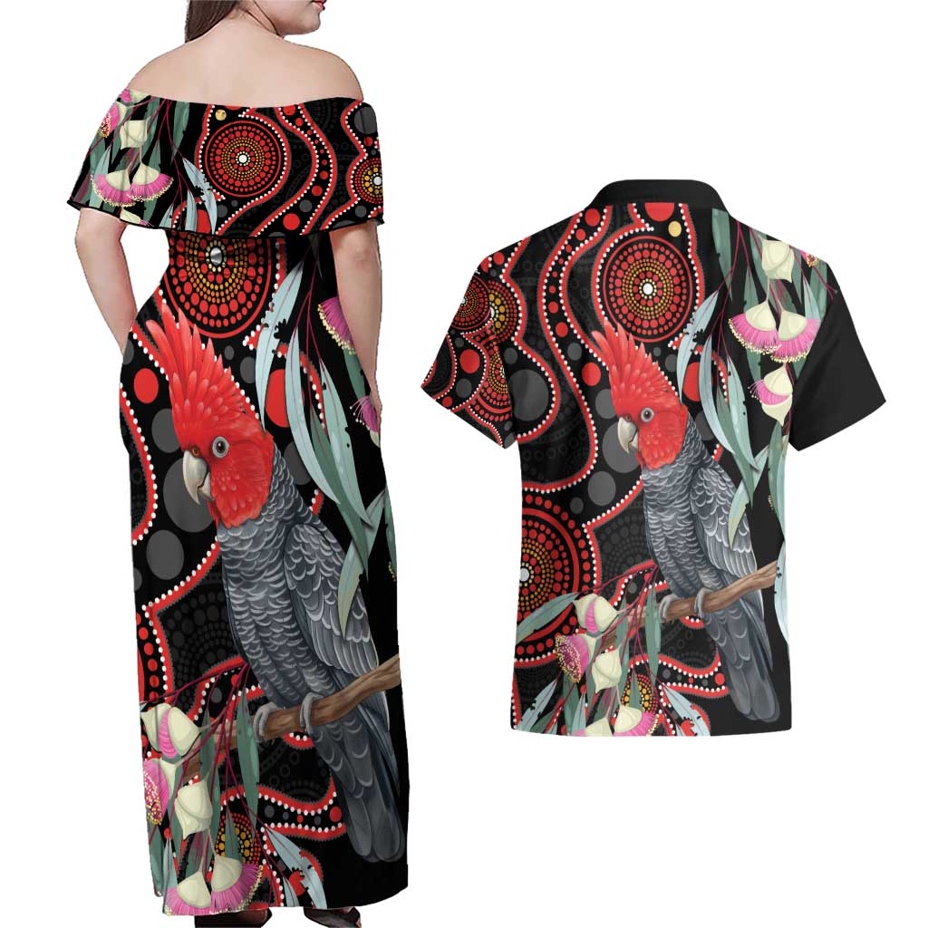 Gang-gang Cockatoo Australia Couples Matching Off Shoulder Maxi Dress and Hawaiian Shirt Eucalyptus Blossoms Aboriginal Art - Aussie Hoodie