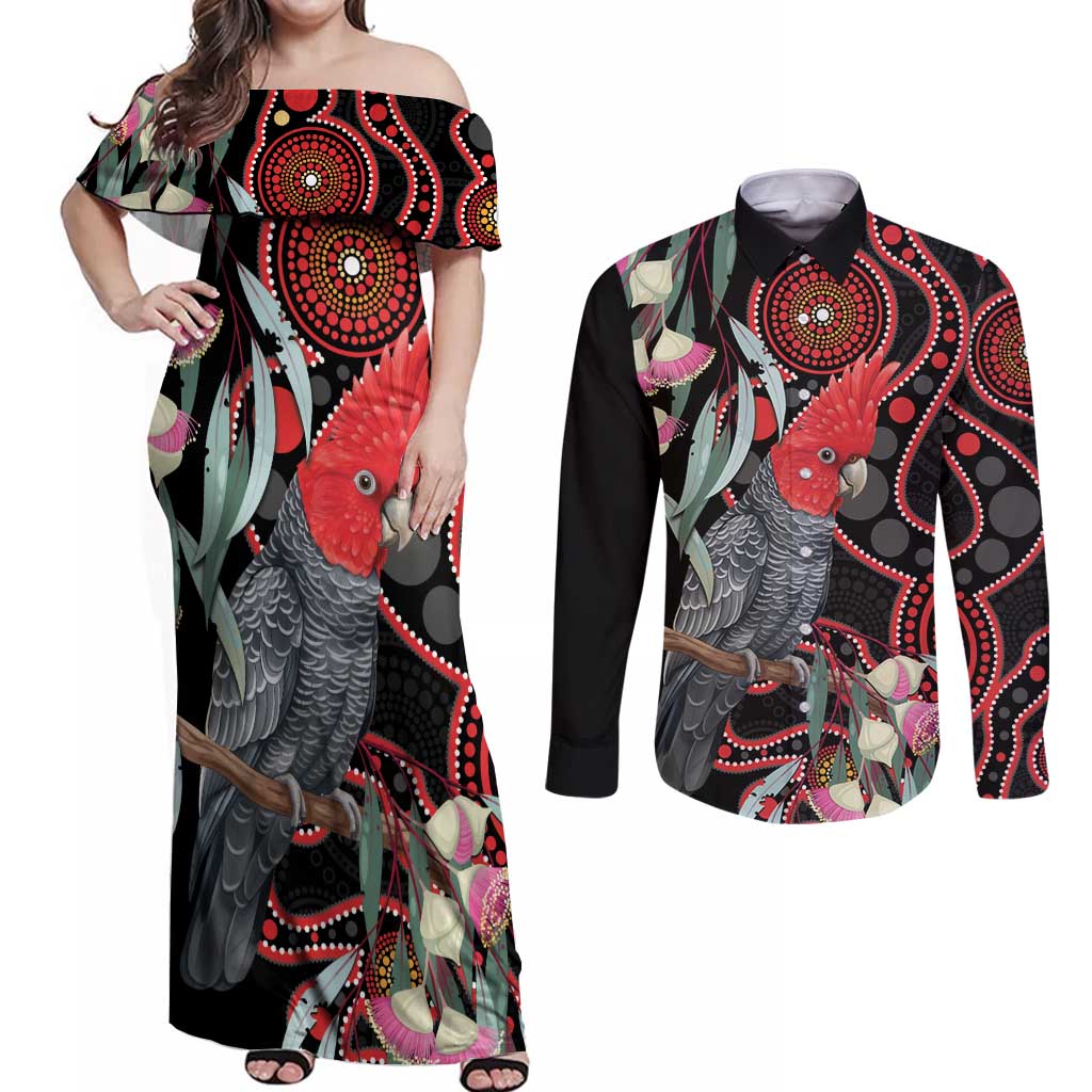 Gang-gang Cockatoo Australia Couples Matching Off Shoulder Maxi Dress and Long Sleeve Button Shirt Eucalyptus Blossoms Aboriginal Art - Aussie Hoodie