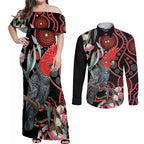 Gang-gang Cockatoo Australia Couples Matching Off Shoulder Maxi Dress and Long Sleeve Button Shirt Eucalyptus Blossoms Aboriginal Art - Aussie Hoodie