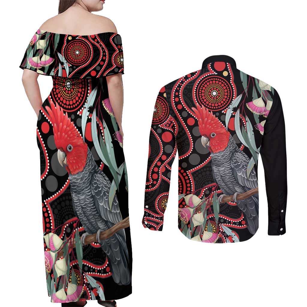 Gang-gang Cockatoo Australia Couples Matching Off Shoulder Maxi Dress and Long Sleeve Button Shirt Eucalyptus Blossoms Aboriginal Art - Aussie Hoodie