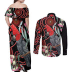 Gang-gang Cockatoo Australia Couples Matching Off Shoulder Maxi Dress and Long Sleeve Button Shirt Eucalyptus Blossoms Aboriginal Art - Aussie Hoodie