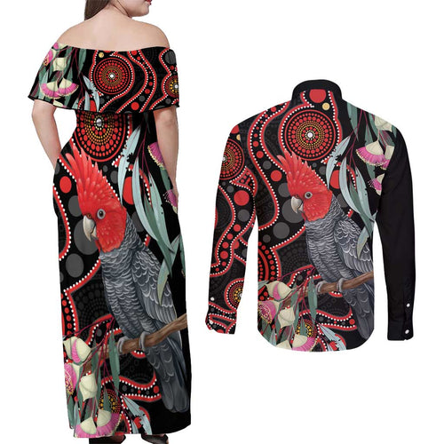 Gang-gang Cockatoo Australia Couples Matching Off Shoulder Maxi Dress and Long Sleeve Button Shirt Eucalyptus Blossoms Aboriginal Art - Aussie Hoodie