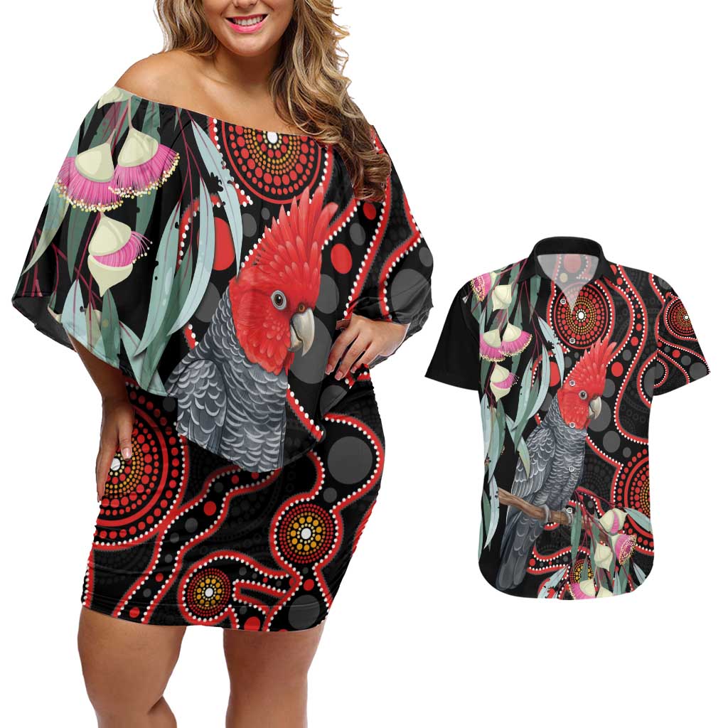 Gang-gang Cockatoo Australia Couples Matching Off Shoulder Short Dress and Hawaiian Shirt Eucalyptus Blossoms Aboriginal Art - Aussie Hoodie