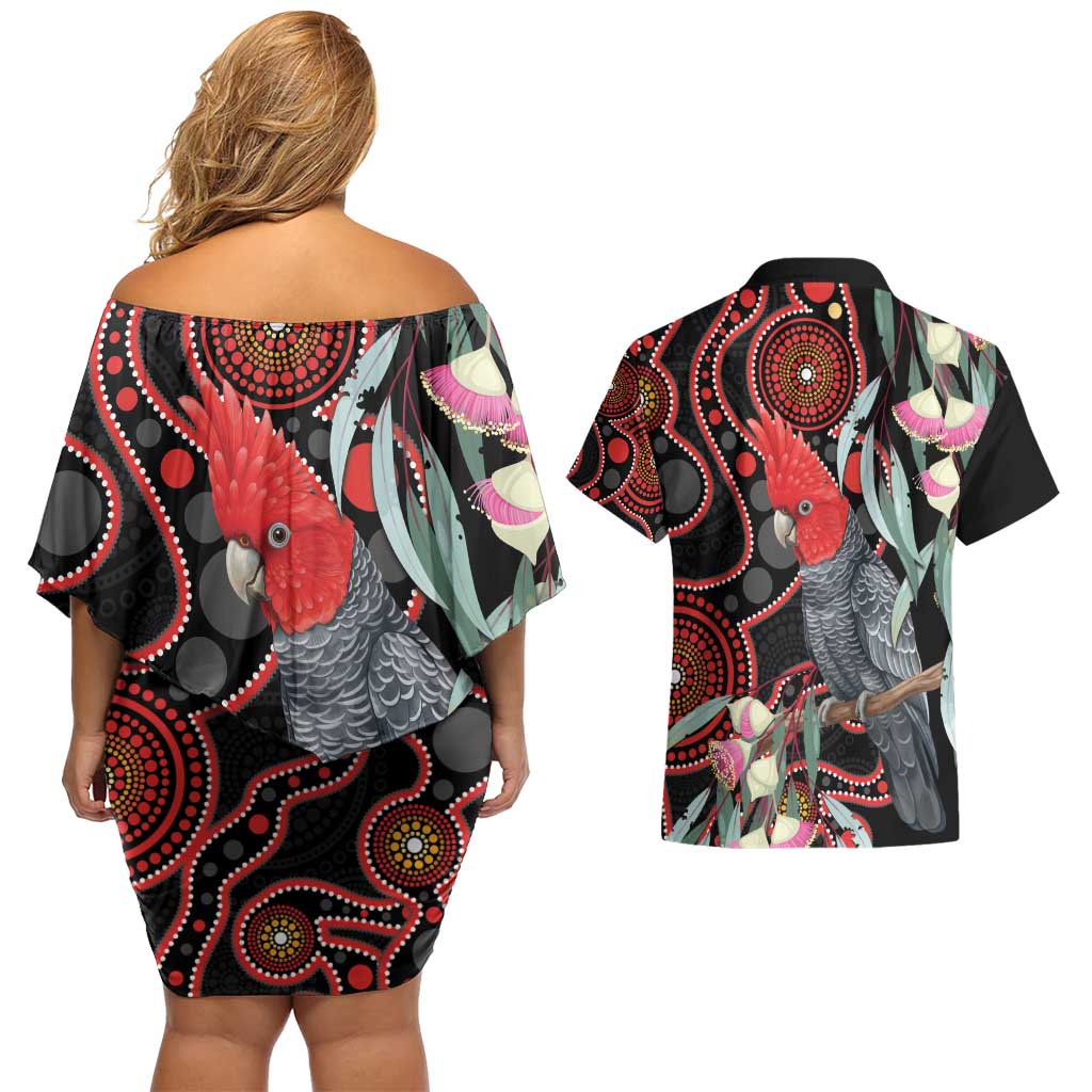 Gang-gang Cockatoo Australia Couples Matching Off Shoulder Short Dress and Hawaiian Shirt Eucalyptus Blossoms Aboriginal Art - Aussie Hoodie