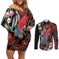Gang-gang Cockatoo Australia Couples Matching Off Shoulder Short Dress and Long Sleeve Button Shirt Eucalyptus Blossoms Aboriginal Art - Aussie Hoodie