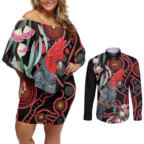 Gang-gang Cockatoo Australia Couples Matching Off Shoulder Short Dress and Long Sleeve Button Shirt Eucalyptus Blossoms Aboriginal Art - Aussie Hoodie
