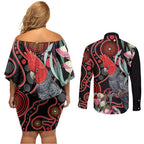 Gang-gang Cockatoo Australia Couples Matching Off Shoulder Short Dress and Long Sleeve Button Shirt Eucalyptus Blossoms Aboriginal Art - Aussie Hoodie