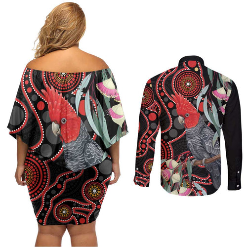 Gang-gang Cockatoo Australia Couples Matching Off Shoulder Short Dress and Long Sleeve Button Shirt Eucalyptus Blossoms Aboriginal Art - Aussie Hoodie