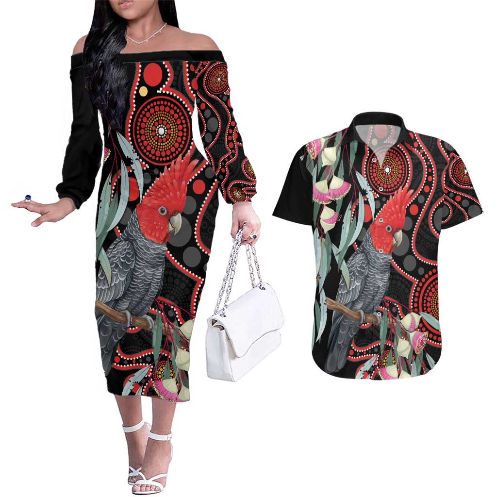 Gang-gang Cockatoo Australia Couples Matching Off The Shoulder Long Sleeve Dress and Hawaiian Shirt Eucalyptus Blossoms Aboriginal Art - Aussie Hoodie