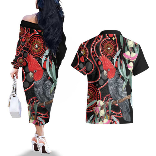 Gang-gang Cockatoo Australia Couples Matching Off The Shoulder Long Sleeve Dress and Hawaiian Shirt Eucalyptus Blossoms Aboriginal Art - Aussie Hoodie