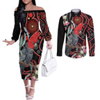 Gang-gang Cockatoo Australia Couples Matching Off The Shoulder Long Sleeve Dress and Long Sleeve Button Shirt Eucalyptus Blossoms Aboriginal Art - Aussie Hoodie