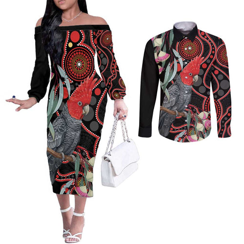 Gang-gang Cockatoo Australia Couples Matching Off The Shoulder Long Sleeve Dress and Long Sleeve Button Shirt Eucalyptus Blossoms Aboriginal Art - Aussie Hoodie