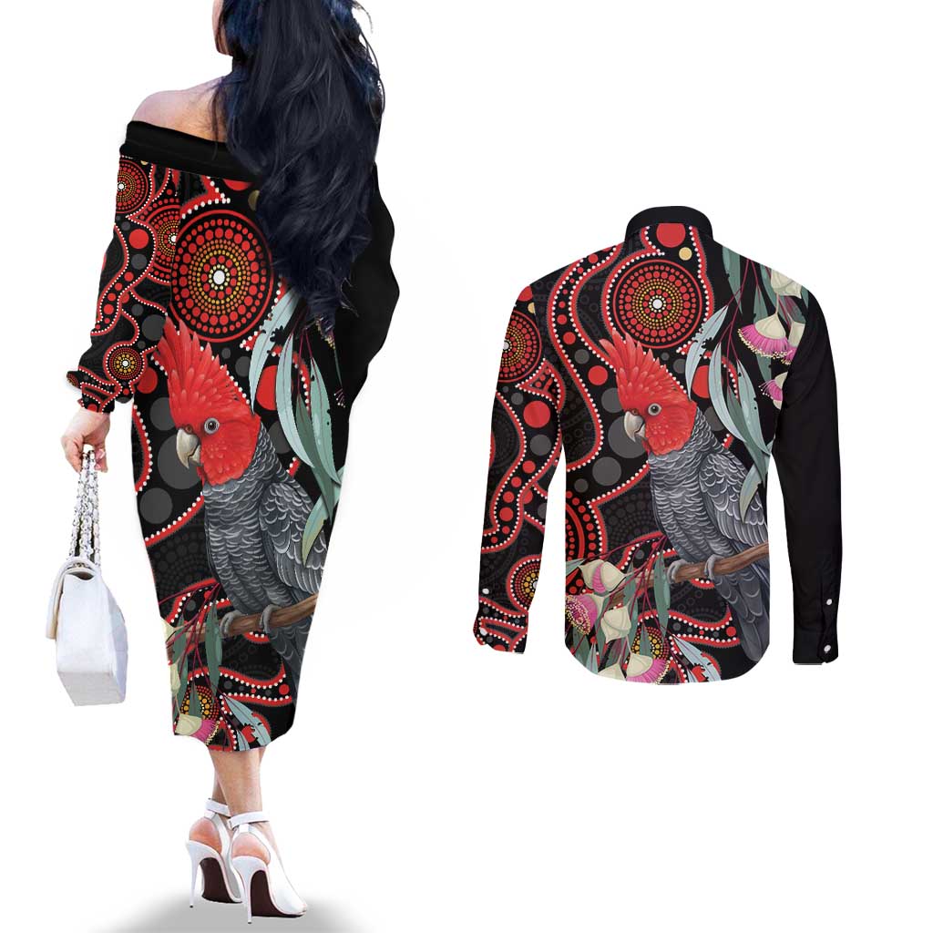 Gang-gang Cockatoo Australia Couples Matching Off The Shoulder Long Sleeve Dress and Long Sleeve Button Shirt Eucalyptus Blossoms Aboriginal Art - Aussie Hoodie