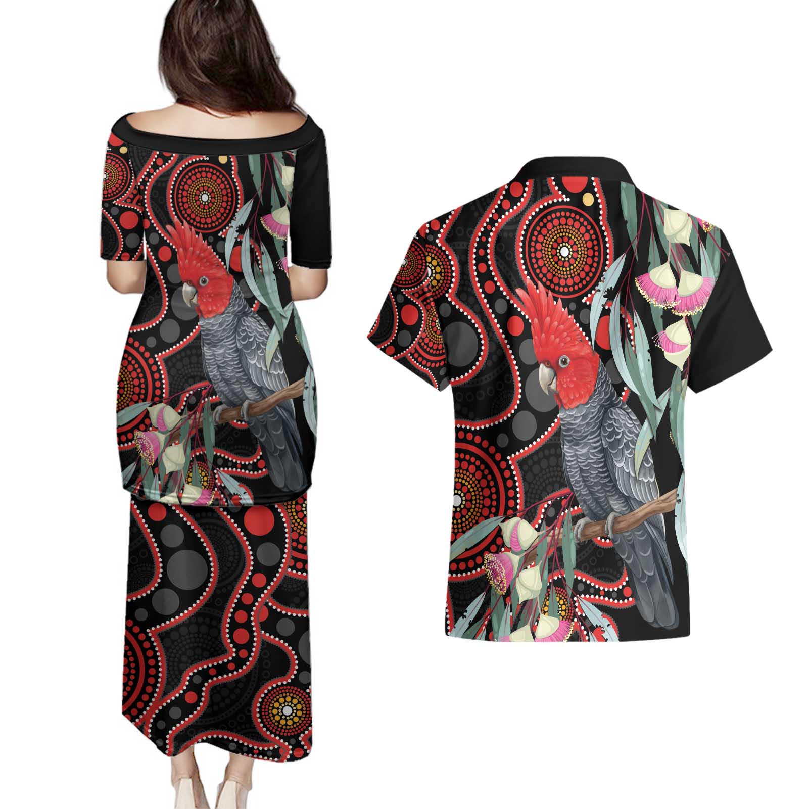 Gang-gang Cockatoo Australia Couples Matching Puletasi and Hawaiian Shirt Eucalyptus Blossoms Aboriginal Art - Aussie Hoodie