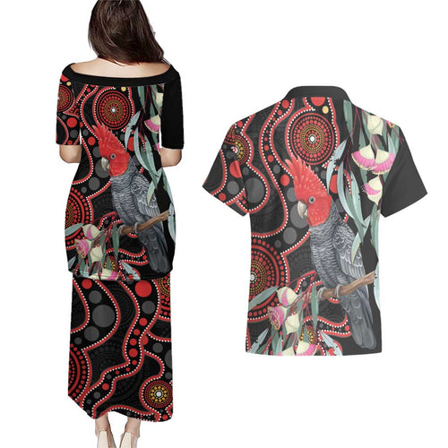 Gang-gang Cockatoo Australia Couples Matching Puletasi and Hawaiian Shirt Eucalyptus Blossoms Aboriginal Art - Aussie Hoodie