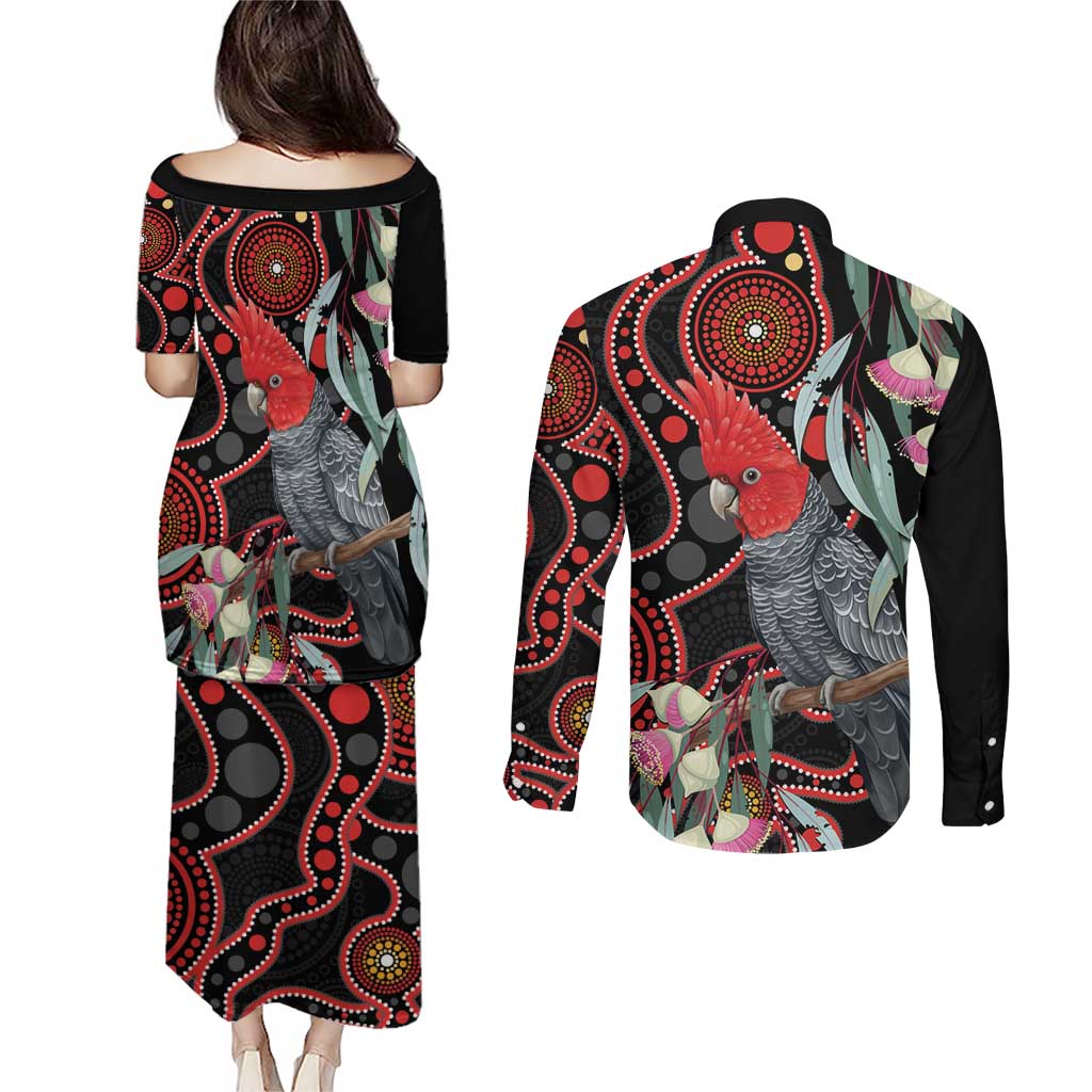 Gang-gang Cockatoo Australia Couples Matching Puletasi and Long Sleeve Button Shirt Eucalyptus Blossoms Aboriginal Art - Aussie Hoodie