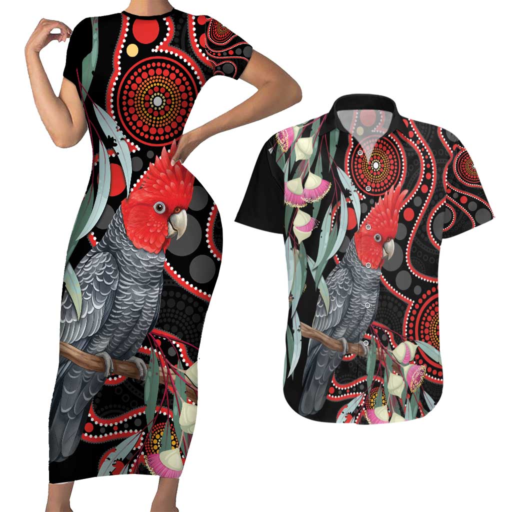 Gang-gang Cockatoo Australia Couples Matching Short Sleeve Bodycon Dress and Hawaiian Shirt Eucalyptus Blossoms Aboriginal Art - Aussie Hoodie