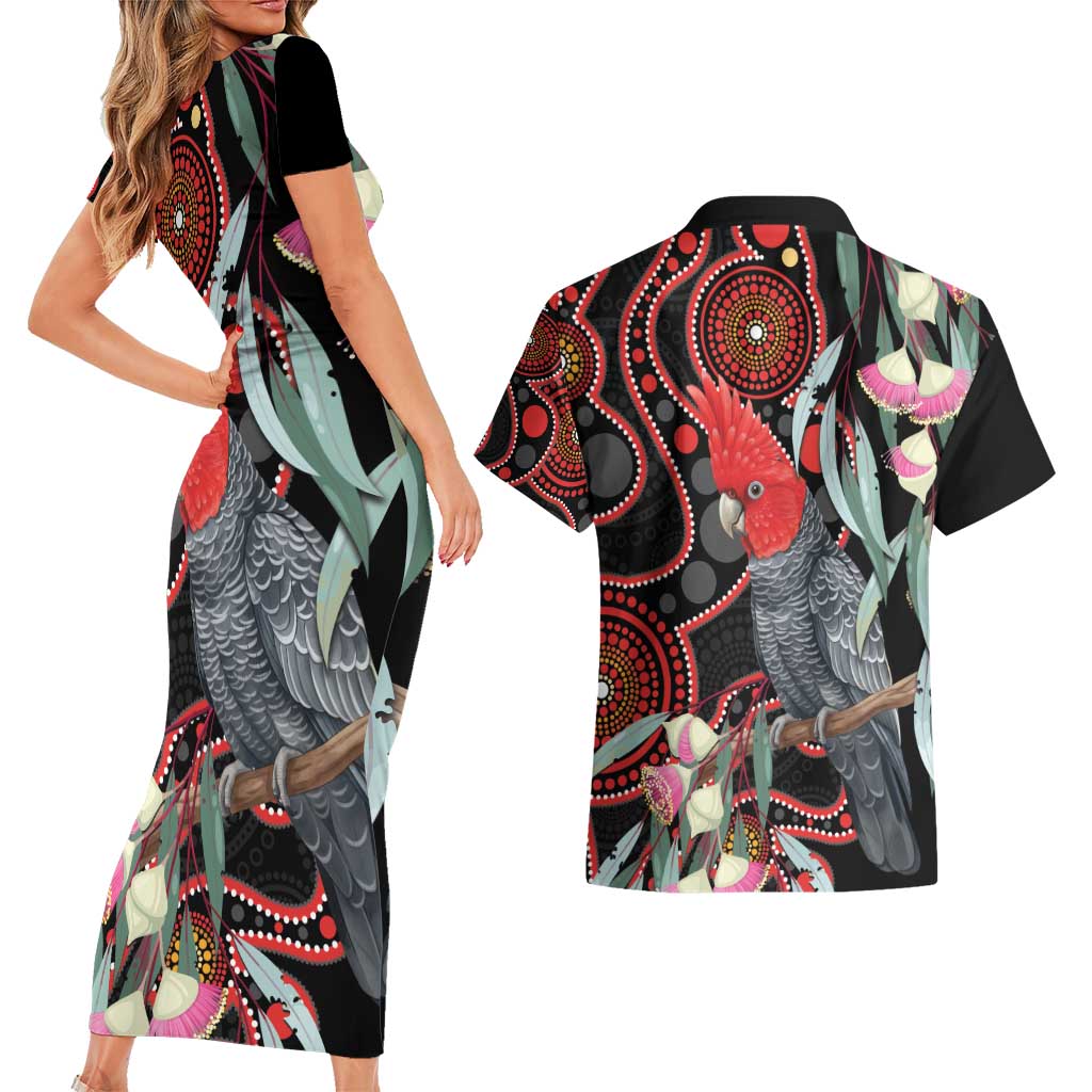 Gang-gang Cockatoo Australia Couples Matching Short Sleeve Bodycon Dress and Hawaiian Shirt Eucalyptus Blossoms Aboriginal Art - Aussie Hoodie