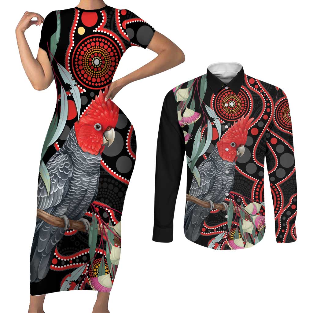 Gang-gang Cockatoo Australia Couples Matching Short Sleeve Bodycon Dress and Long Sleeve Button Shirt Eucalyptus Blossoms Aboriginal Art - Aussie Hoodie