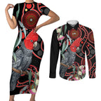 Gang-gang Cockatoo Australia Couples Matching Short Sleeve Bodycon Dress and Long Sleeve Button Shirt Eucalyptus Blossoms Aboriginal Art - Aussie Hoodie