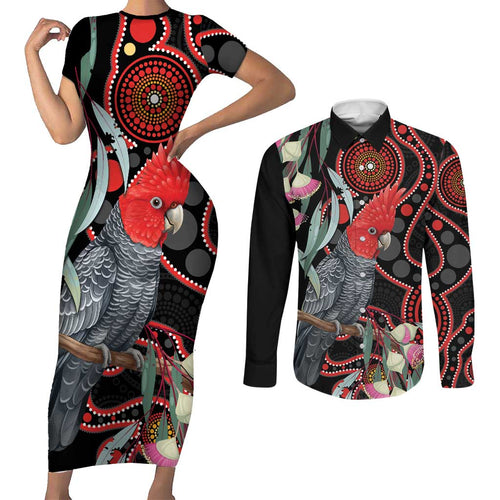 Gang-gang Cockatoo Australia Couples Matching Short Sleeve Bodycon Dress and Long Sleeve Button Shirt Eucalyptus Blossoms Aboriginal Art - Aussie Hoodie