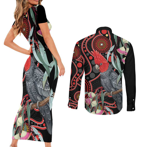 Gang-gang Cockatoo Australia Couples Matching Short Sleeve Bodycon Dress and Long Sleeve Button Shirt Eucalyptus Blossoms Aboriginal Art - Aussie Hoodie