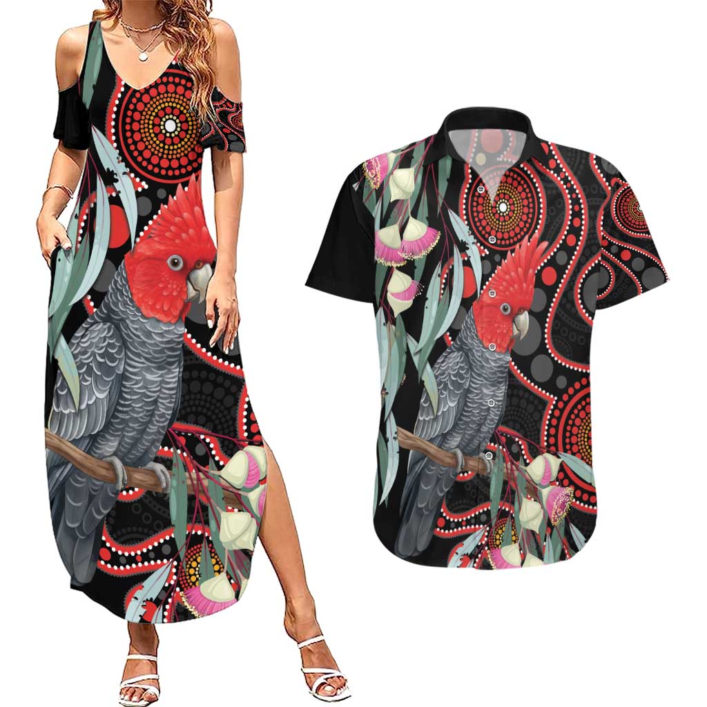 Gang-gang Cockatoo Australia Couples Matching Summer Maxi Dress and Hawaiian Shirt Eucalyptus Blossoms Aboriginal Art - Aussie Hoodie