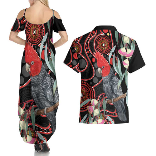 Gang-gang Cockatoo Australia Couples Matching Summer Maxi Dress and Hawaiian Shirt Eucalyptus Blossoms Aboriginal Art - Aussie Hoodie