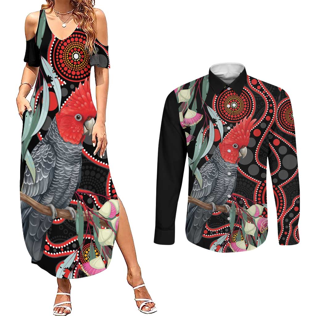 Gang-gang Cockatoo Australia Couples Matching Summer Maxi Dress and Long Sleeve Button Shirt Eucalyptus Blossoms Aboriginal Art - Aussie Hoodie