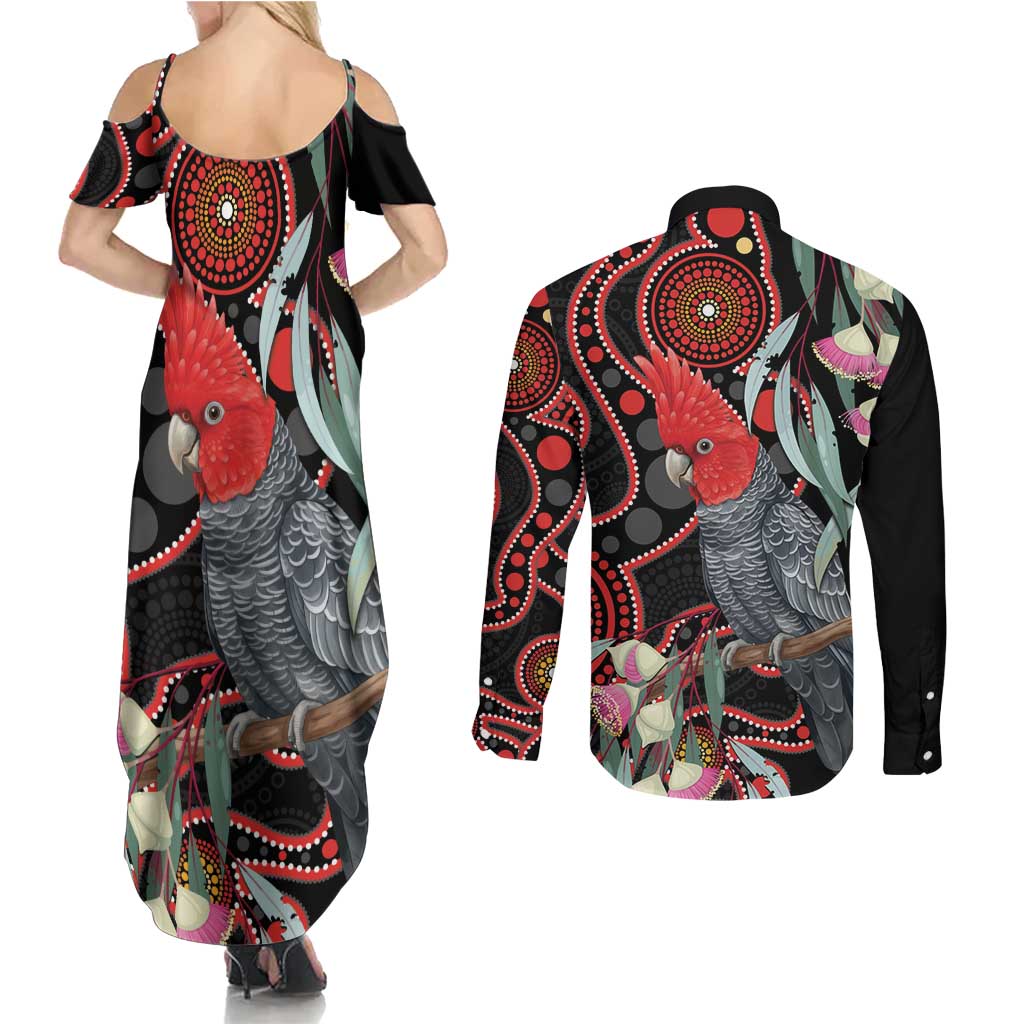 Gang-gang Cockatoo Australia Couples Matching Summer Maxi Dress and Long Sleeve Button Shirt Eucalyptus Blossoms Aboriginal Art - Aussie Hoodie