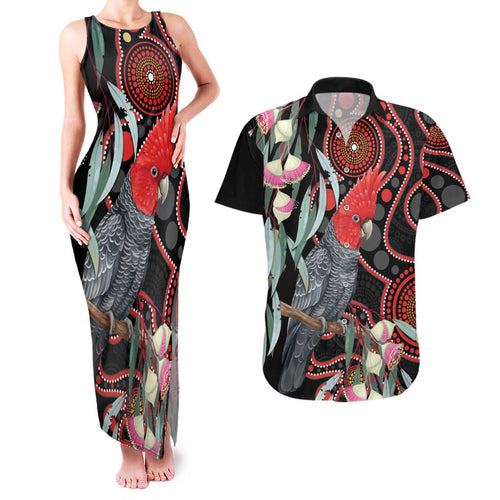 Gang-gang Cockatoo Australia Couples Matching Tank Maxi Dress and Hawaiian Shirt Eucalyptus Blossoms Aboriginal Art - Aussie Hoodie