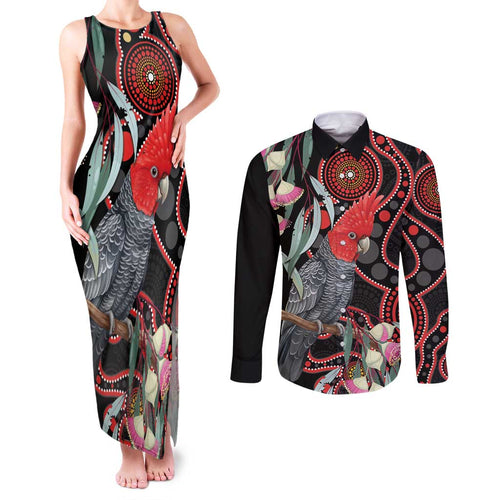 Gang-gang Cockatoo Australia Couples Matching Tank Maxi Dress and Long Sleeve Button Shirt Eucalyptus Blossoms Aboriginal Art - Aussie Hoodie