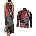 Gang-gang Cockatoo Australia Couples Matching Tank Maxi Dress and Long Sleeve Button Shirt Eucalyptus Blossoms Aboriginal Art - Aussie Hoodie