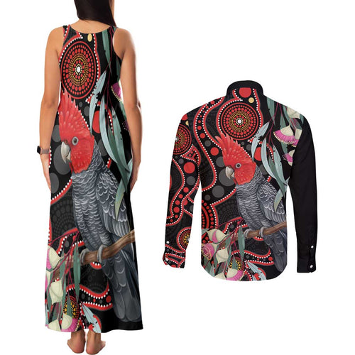 Gang-gang Cockatoo Australia Couples Matching Tank Maxi Dress and Long Sleeve Button Shirt Eucalyptus Blossoms Aboriginal Art - Aussie Hoodie