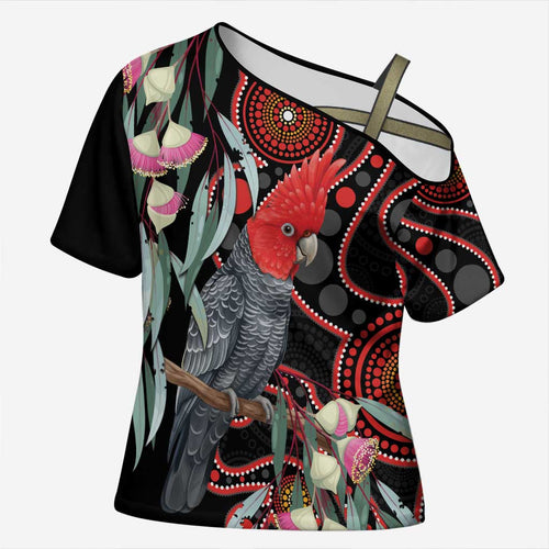Gang-gang Cockatoo Australia Cross Shoulder Shirt Eucalyptus Blossoms Aboriginal Art - Aussie Hoodie