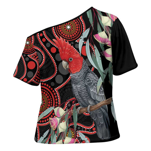 Gang-gang Cockatoo Australia Cross Shoulder Shirt Eucalyptus Blossoms Aboriginal Art - Aussie Hoodie
