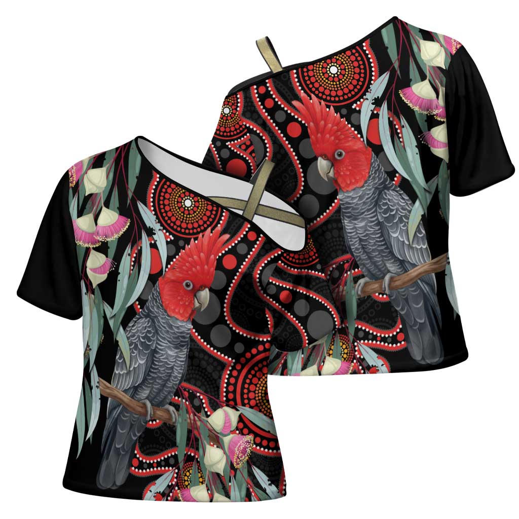 Gang-gang Cockatoo Australia Cross Shoulder Shirt Eucalyptus Blossoms Aboriginal Art - Aussie Hoodie