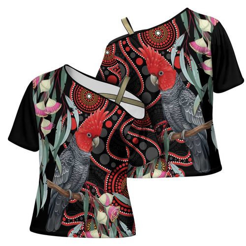 Gang-gang Cockatoo Australia Cross Shoulder Shirt Eucalyptus Blossoms Aboriginal Art - Aussie Hoodie