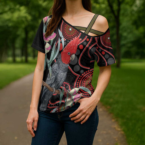 Gang-gang Cockatoo Australia Cross Shoulder Shirt Eucalyptus Blossoms Aboriginal Art - Aussie Hoodie