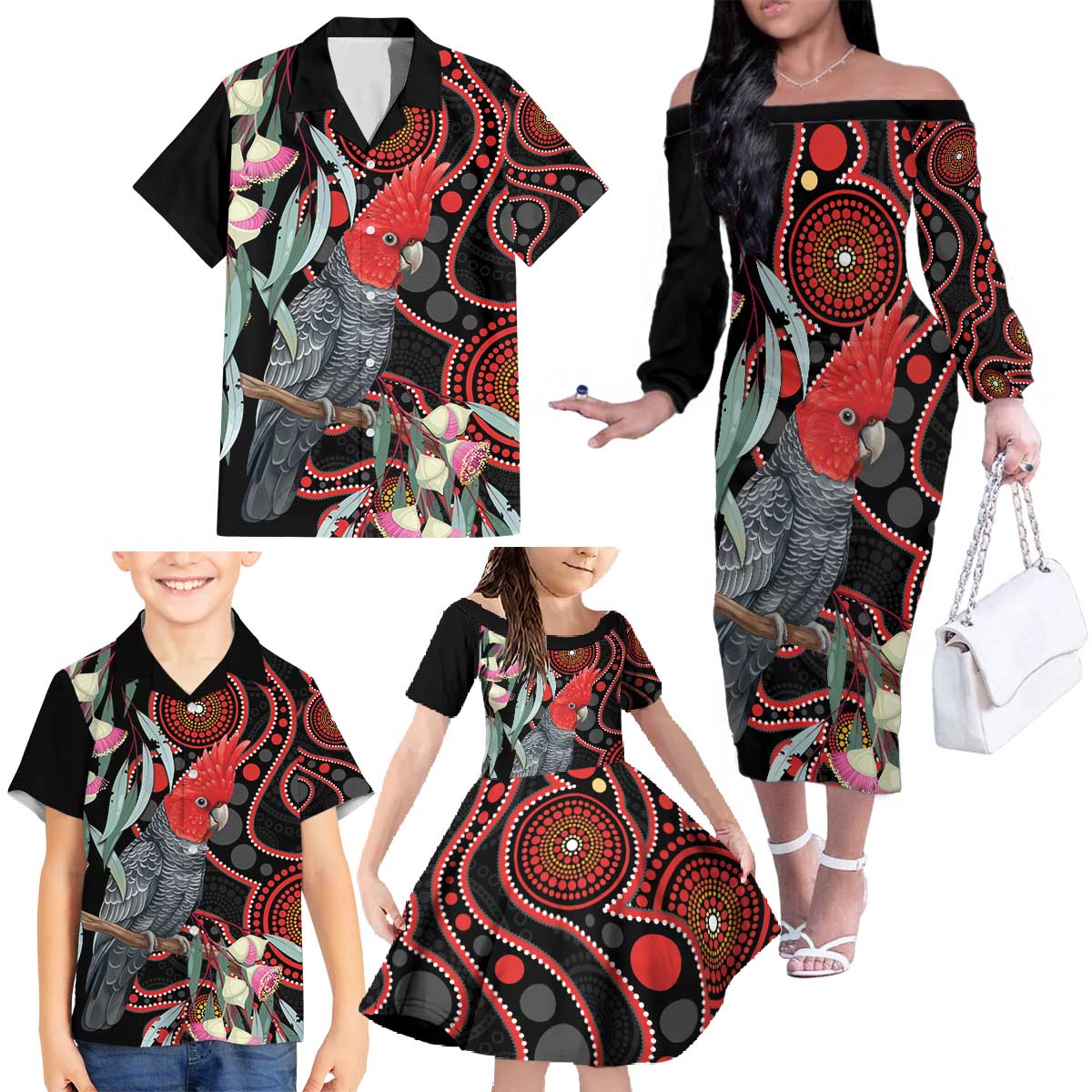 Gang-gang Cockatoo Australia Family Matching Off The Shoulder Long Sleeve Dress and Hawaiian Shirt Eucalyptus Blossoms Aboriginal Art - Aussie Hoodie