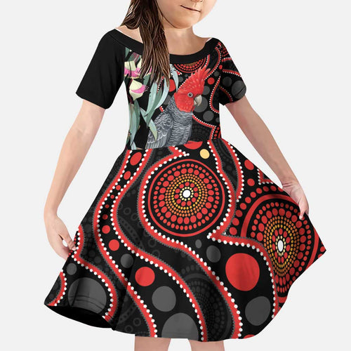 Gang-gang Cockatoo Australia Family Matching Off The Shoulder Long Sleeve Dress and Hawaiian Shirt Eucalyptus Blossoms Aboriginal Art - Aussie Hoodie