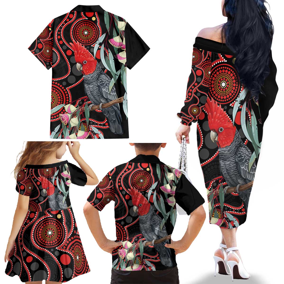 Gang-gang Cockatoo Australia Family Matching Off The Shoulder Long Sleeve Dress and Hawaiian Shirt Eucalyptus Blossoms Aboriginal Art - Aussie Hoodie