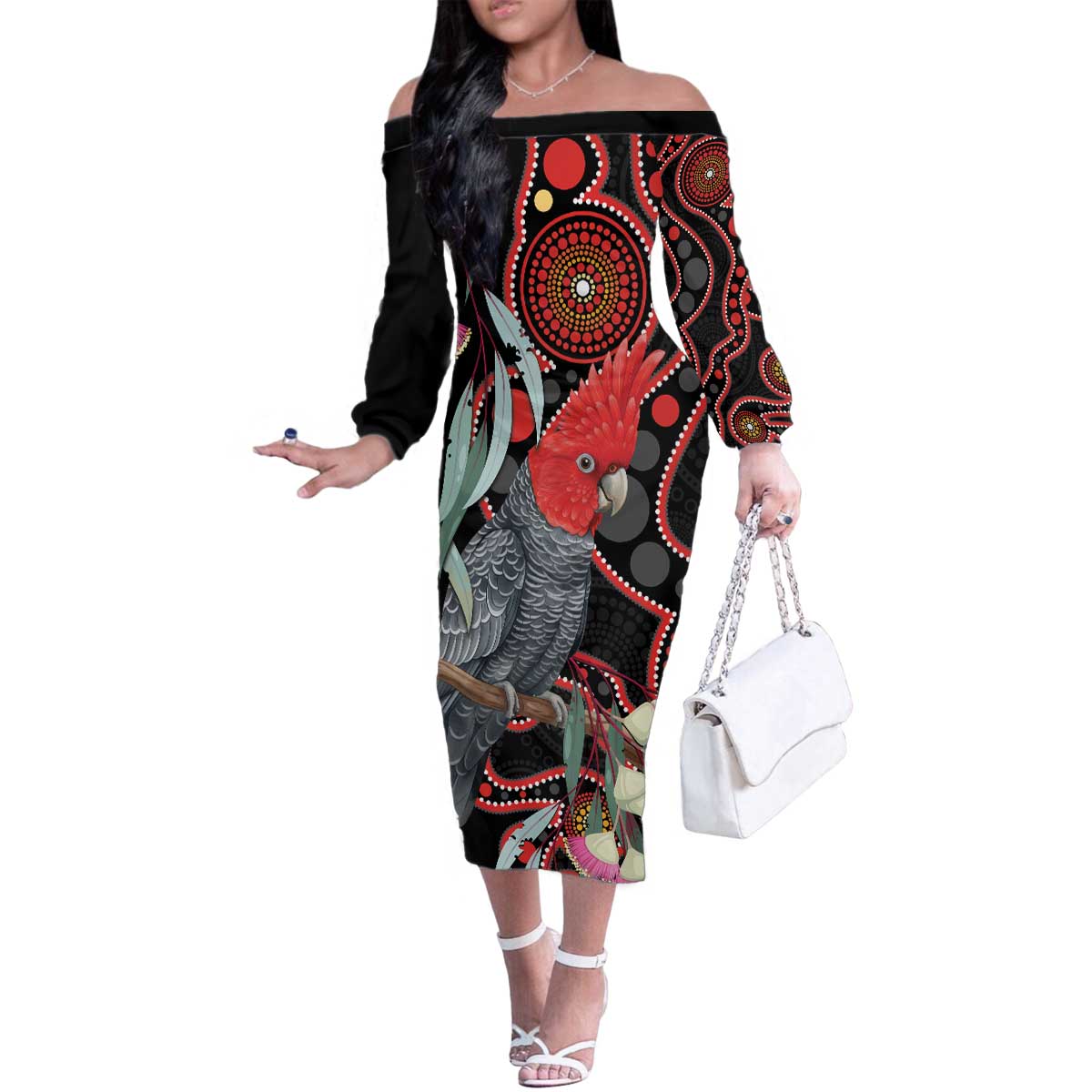 Gang-gang Cockatoo Australia Family Matching Off The Shoulder Long Sleeve Dress and Hawaiian Shirt Eucalyptus Blossoms Aboriginal Art - Aussie Hoodie