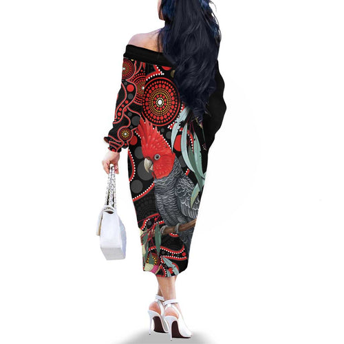Gang-gang Cockatoo Australia Family Matching Off The Shoulder Long Sleeve Dress and Hawaiian Shirt Eucalyptus Blossoms Aboriginal Art - Aussie Hoodie