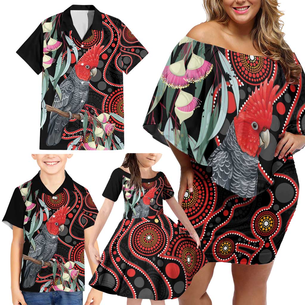 Gang-gang Cockatoo Australia Family Matching Off Shoulder Short Dress and Hawaiian Shirt Eucalyptus Blossoms Aboriginal Art - Aussie Hoodie